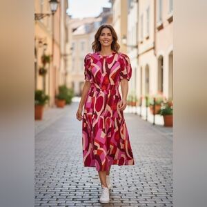 THML Pink and Red Geometric Midi Dress